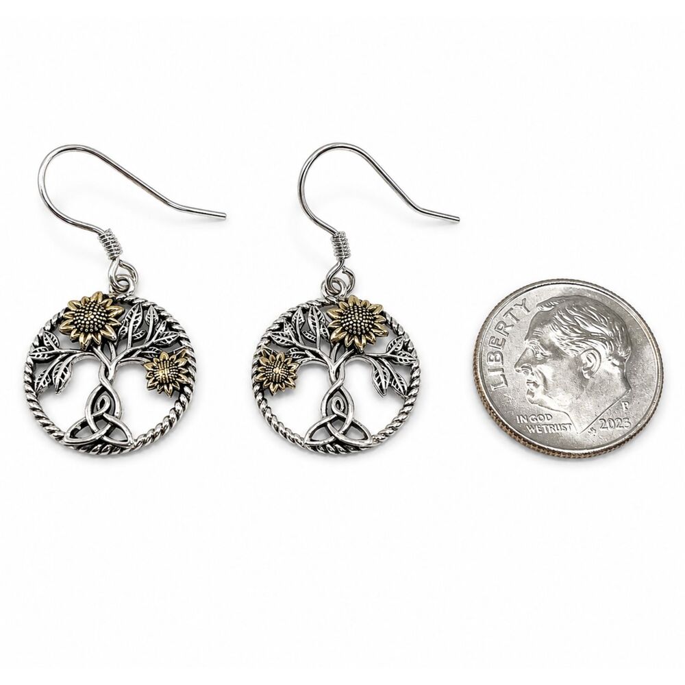 Sterling Silver 925 Sunflower Tree of Life Celtic Knot Dangle Earrings - Picture 4 of 5